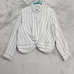 Iris Shirt Women L White Black Striped Button Front Twist Hem Long Sleeve Preppy